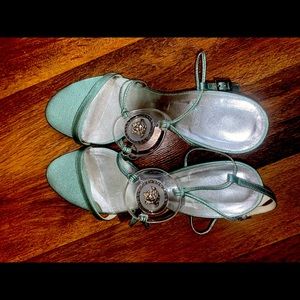 Versace Size 37.5 teal metallic sandals with heel